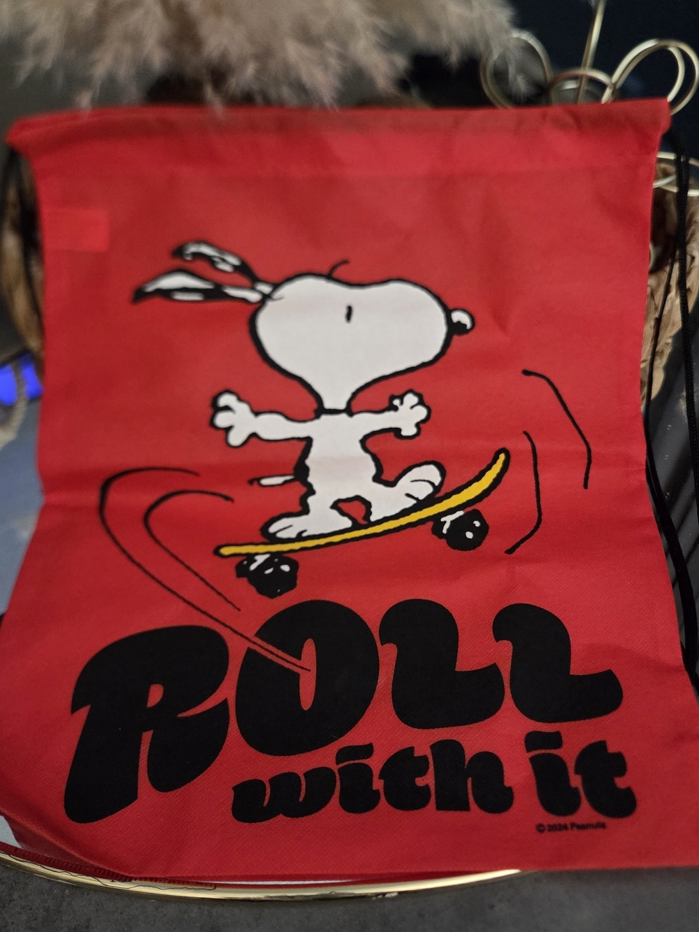 Peanuts Snoopy 2024 Roll With It Skateboard Drawstring Backpack
